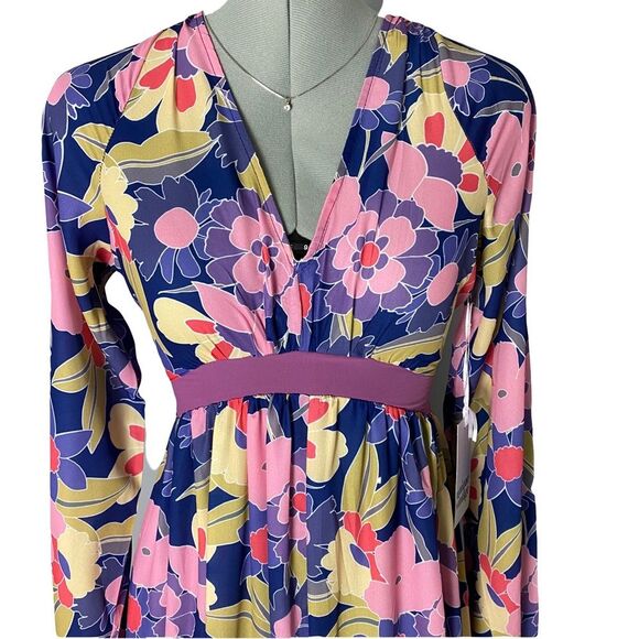 Unique Vintage Navy Purple 70s Style Long Sleeve Maxi Dress Spring Summer XS - Picture 5 of 13